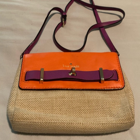 kate spade Handbags - Kate Spade canvas and hot pink/orange leather crossbody purse